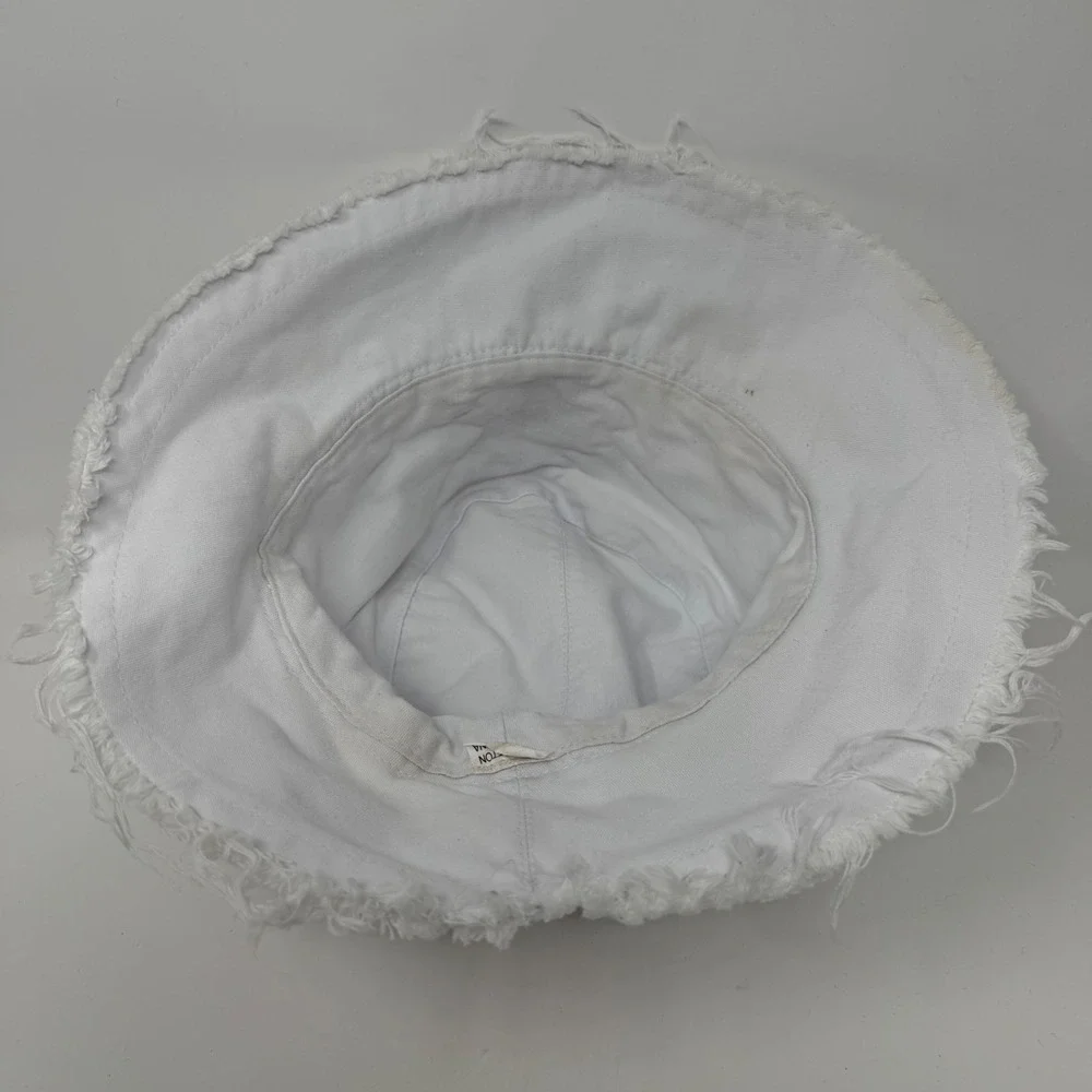 Malibu Palm Tree White‎ Cotton Bucket Hat Frayed Brim Distressed Summer Small
